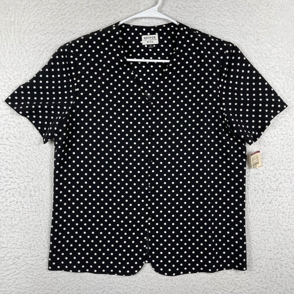 Kasper A.S.L. Polka Dot Blouse Womens 12 Black White Vintage Button Front Top